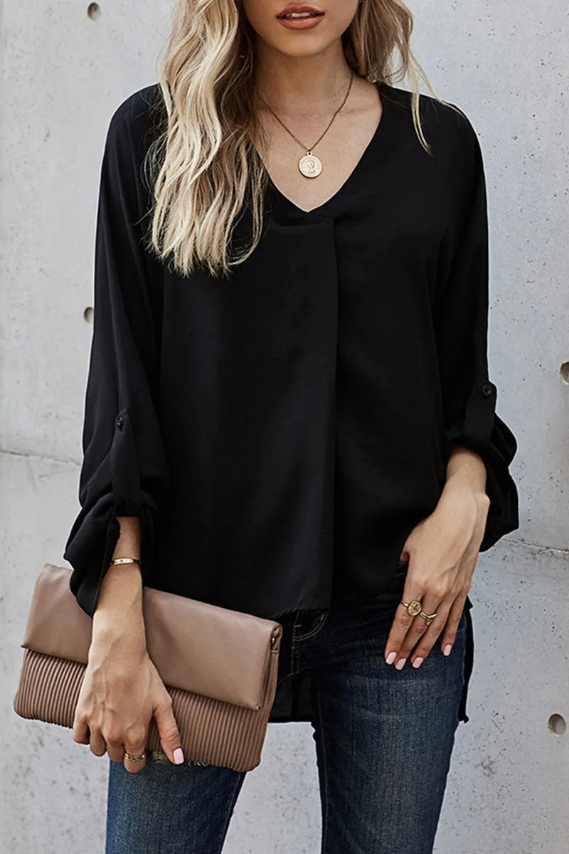 Patchwork V Neck Tops - Solid Casual Fashion