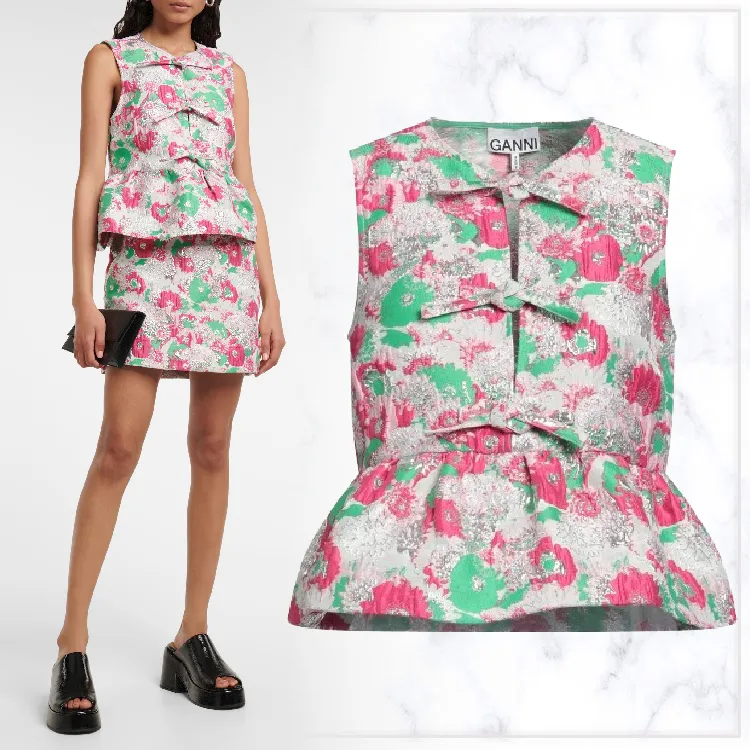 Ganni Nylon Peplum Sleeveless Top with Floral Patterns