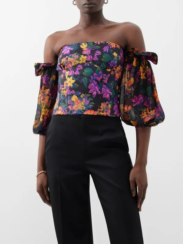 Kika Vargas Sleeveless Cotton Peplum Top with Floral Patterns