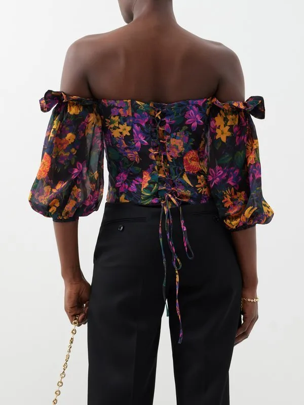 Kika Vargas Sleeveless Cotton Peplum Top with Floral Patterns