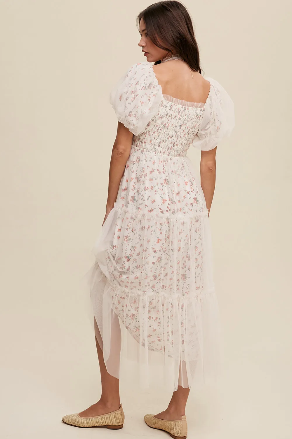 Floral Mesh Puff Sleeve Maxi Dress