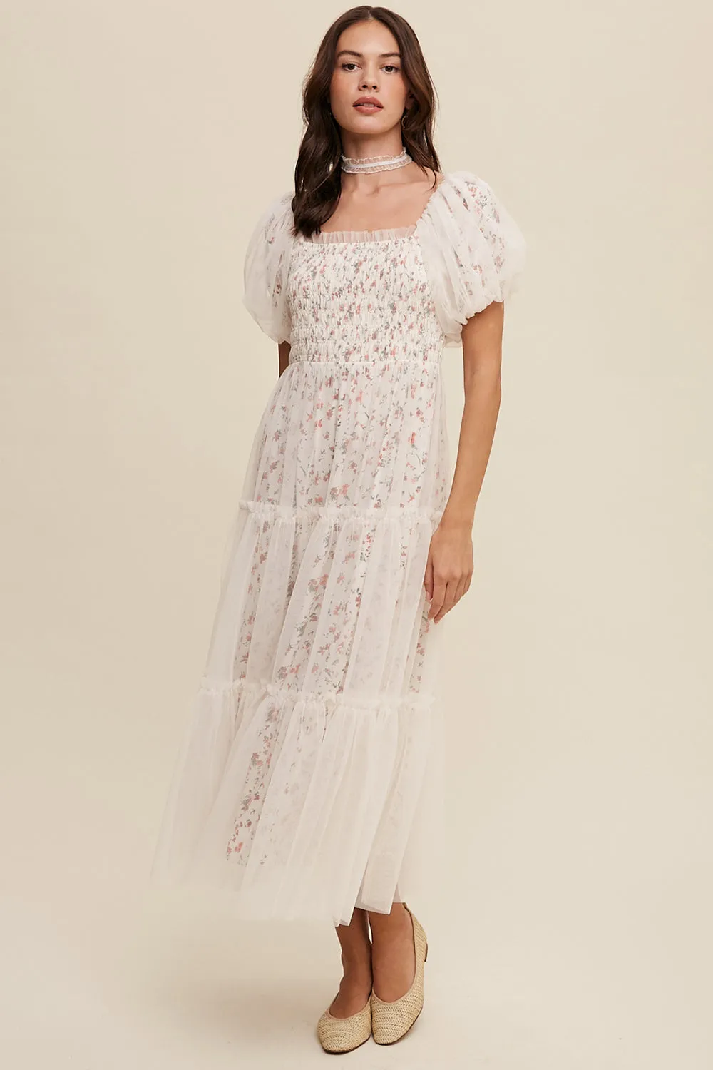 Floral Mesh Puff Sleeve Maxi Dress