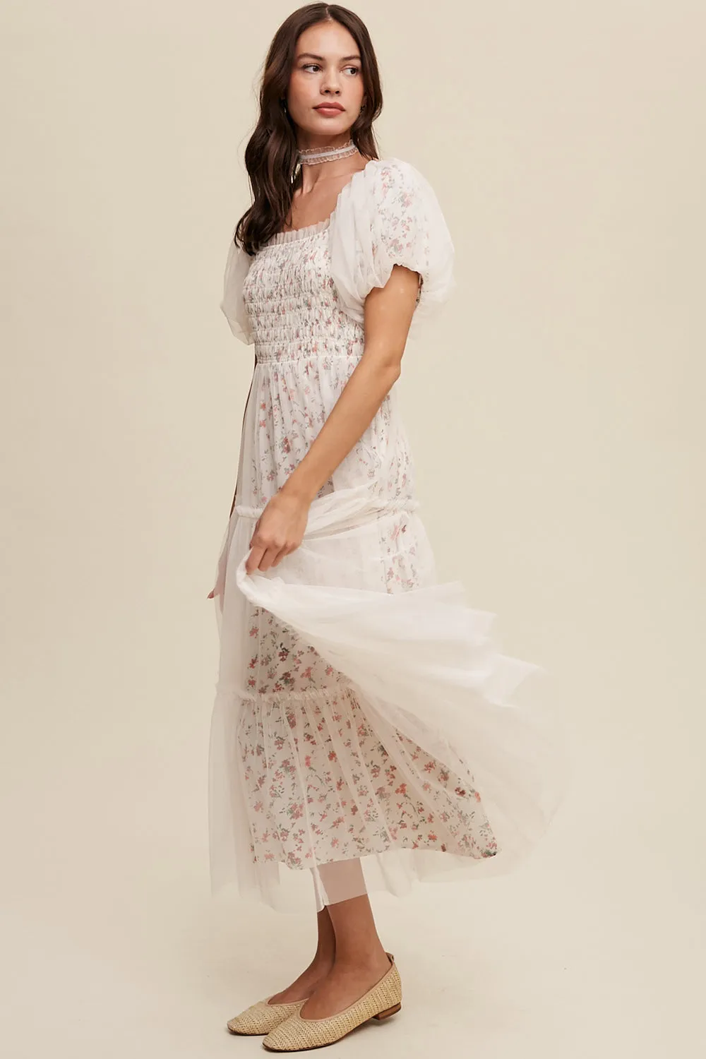 Floral Mesh Puff Sleeve Maxi Dress