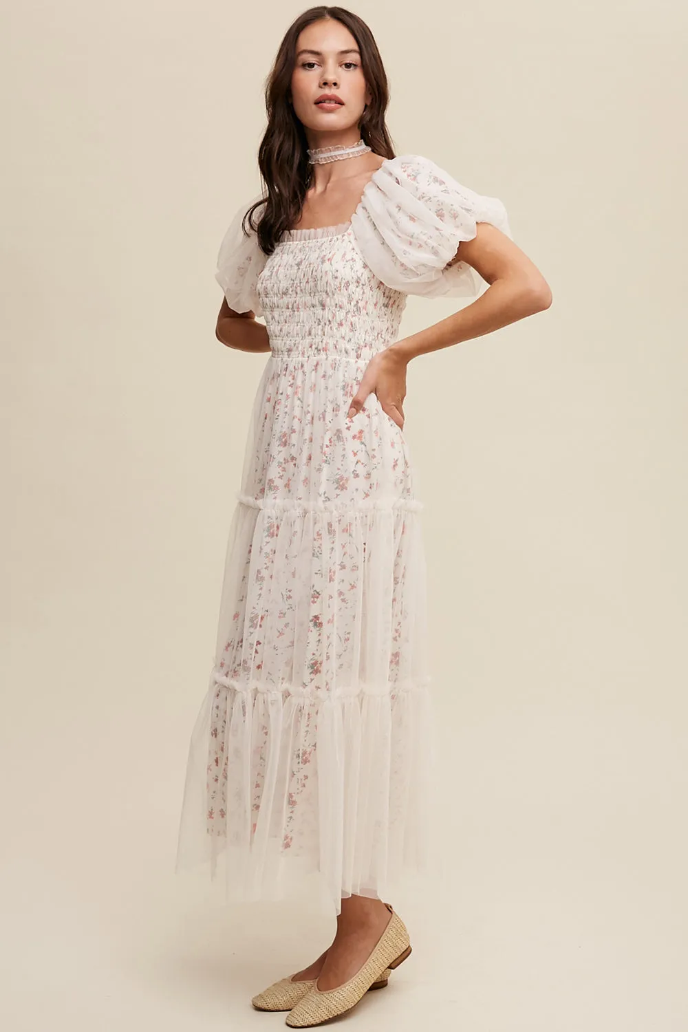 Floral Mesh Puff Sleeve Maxi Dress