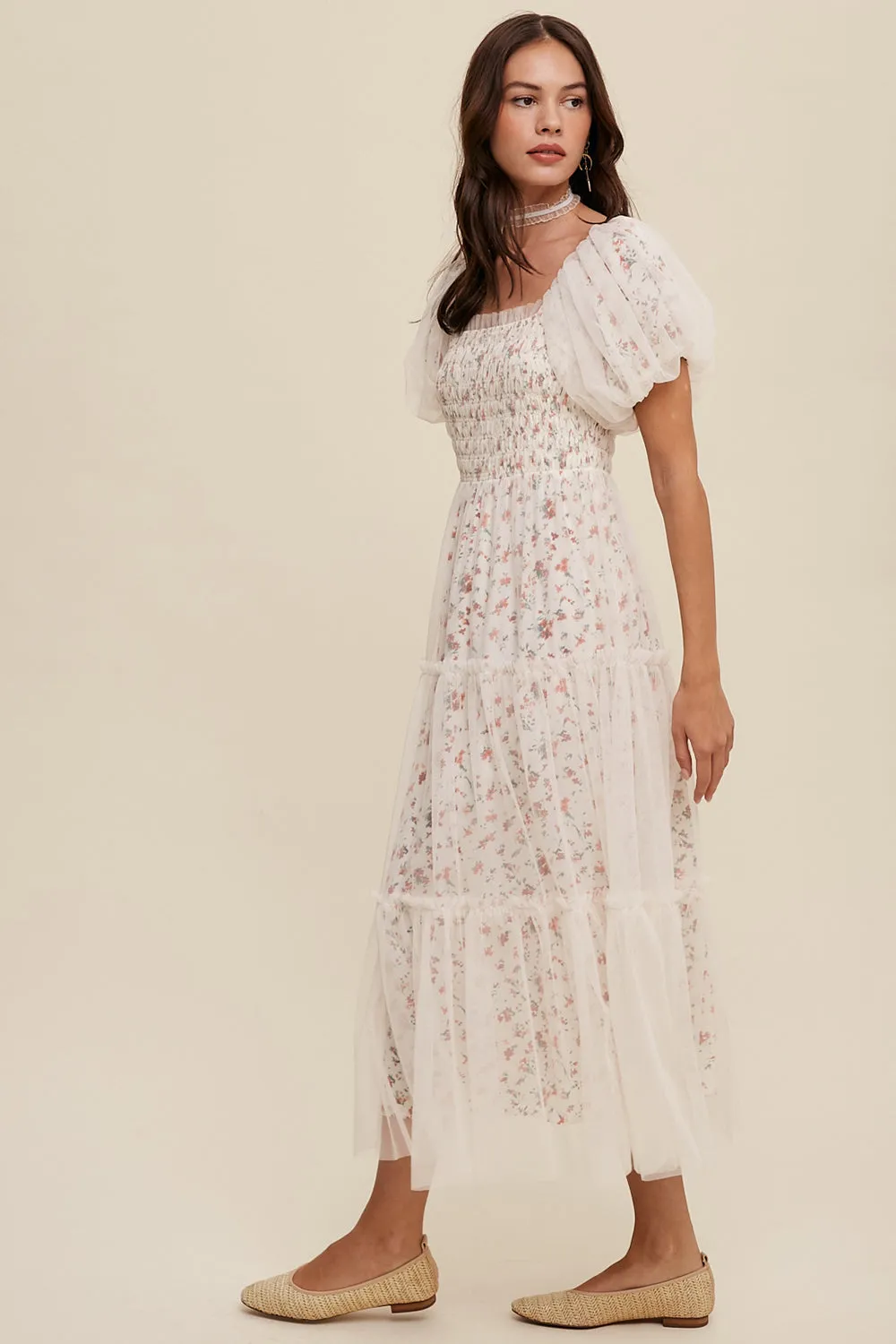 Floral Mesh Puff Sleeve Maxi Dress