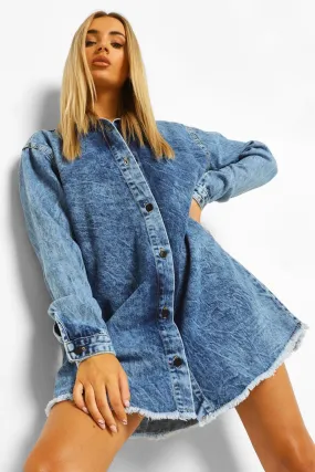 Frayed Hem Oversized Acid Wash Shirt Dress