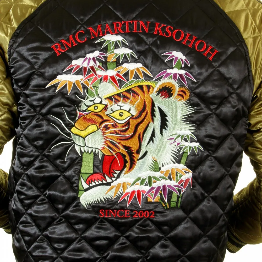 Fully Reversible Gold and Black Silk Quilted Jacket with Embroidered Eagle and Tiger