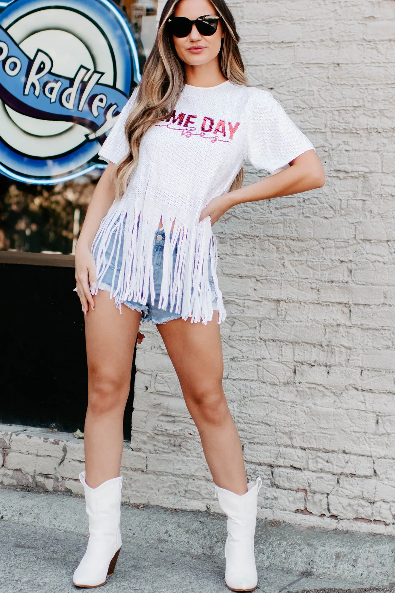 Game Day Vibes Sequin Fringe Top (White/Red)