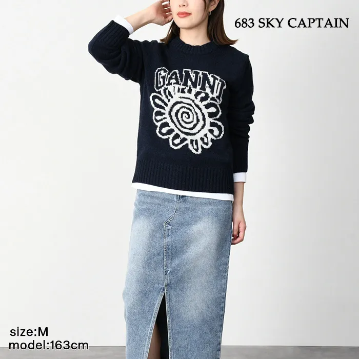 Casual Wool U-Neck Long Sleeves with Flower Patterns