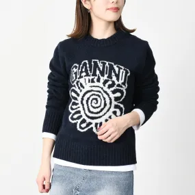 Casual Wool U-Neck Long Sleeves with Flower Patterns