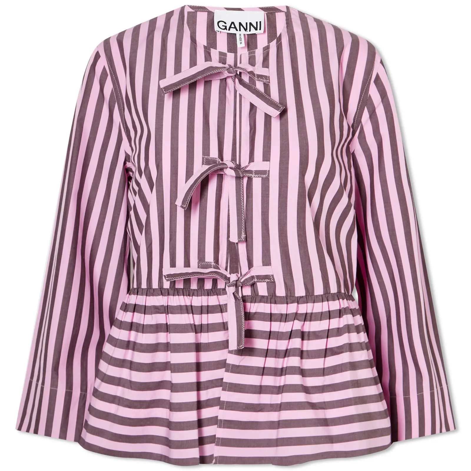 GANNI Stripe Cotton Peplum Blouse in Port Royale