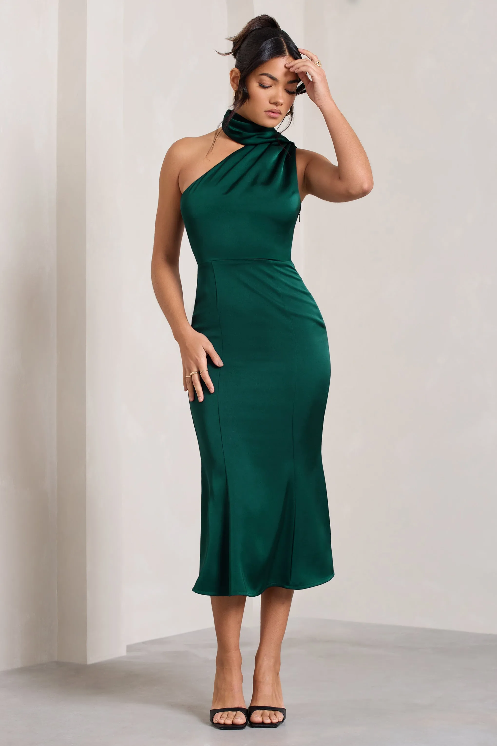 Satin Bottle Green One Shoulder Midi Dress for a Stylish Look