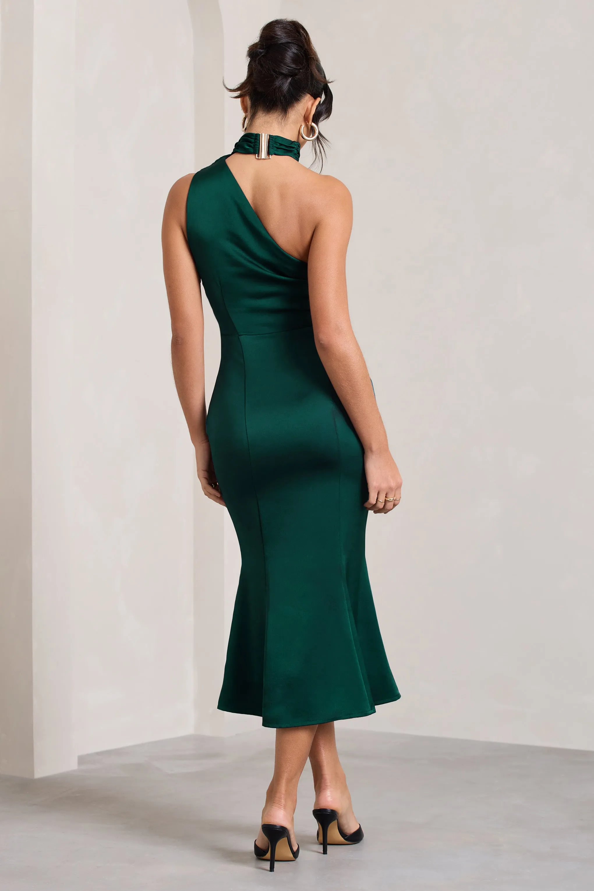 Satin Bottle Green One Shoulder Midi Dress for a Stylish Look