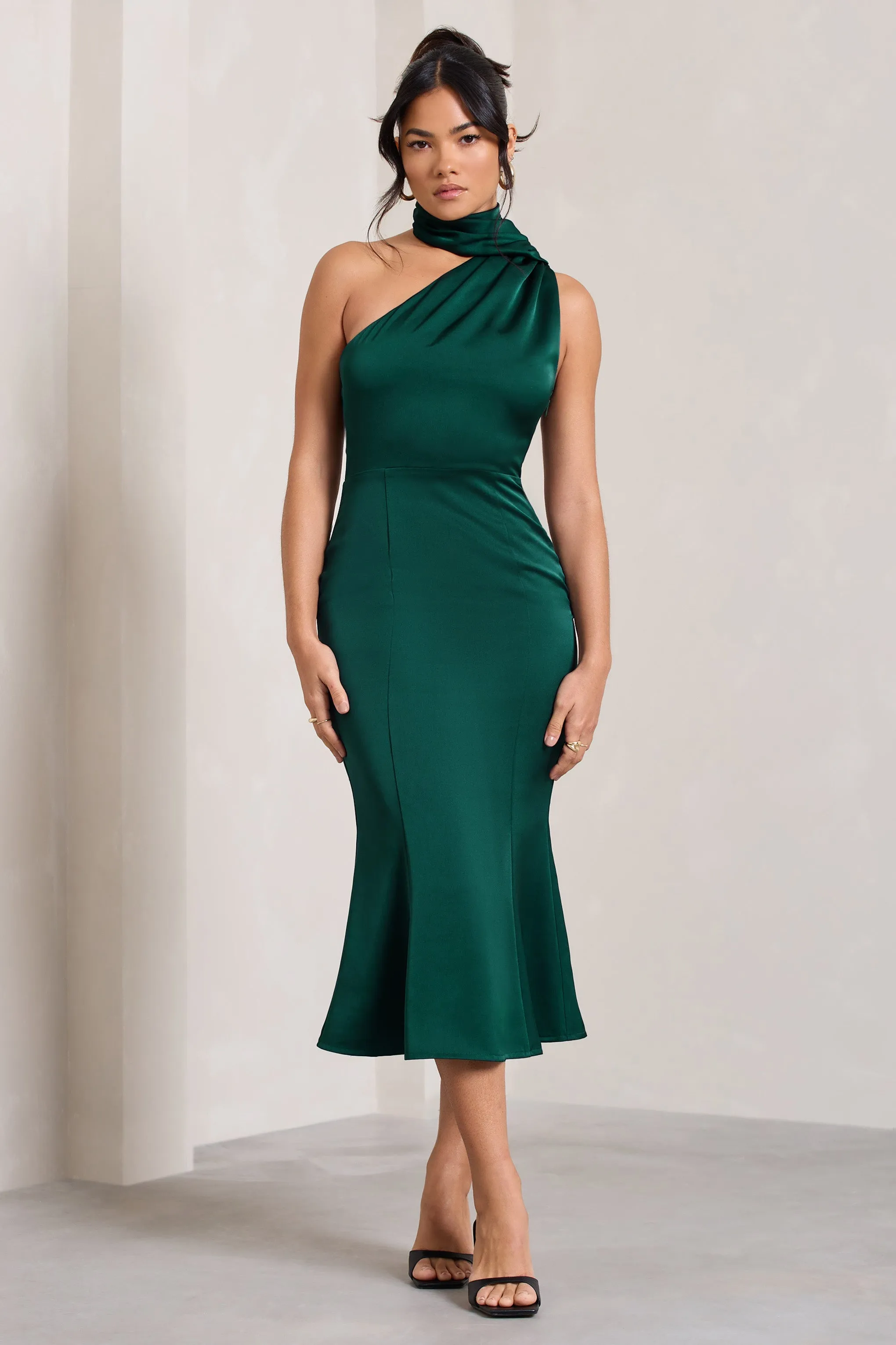 Satin Bottle Green One Shoulder Midi Dress for a Stylish Look