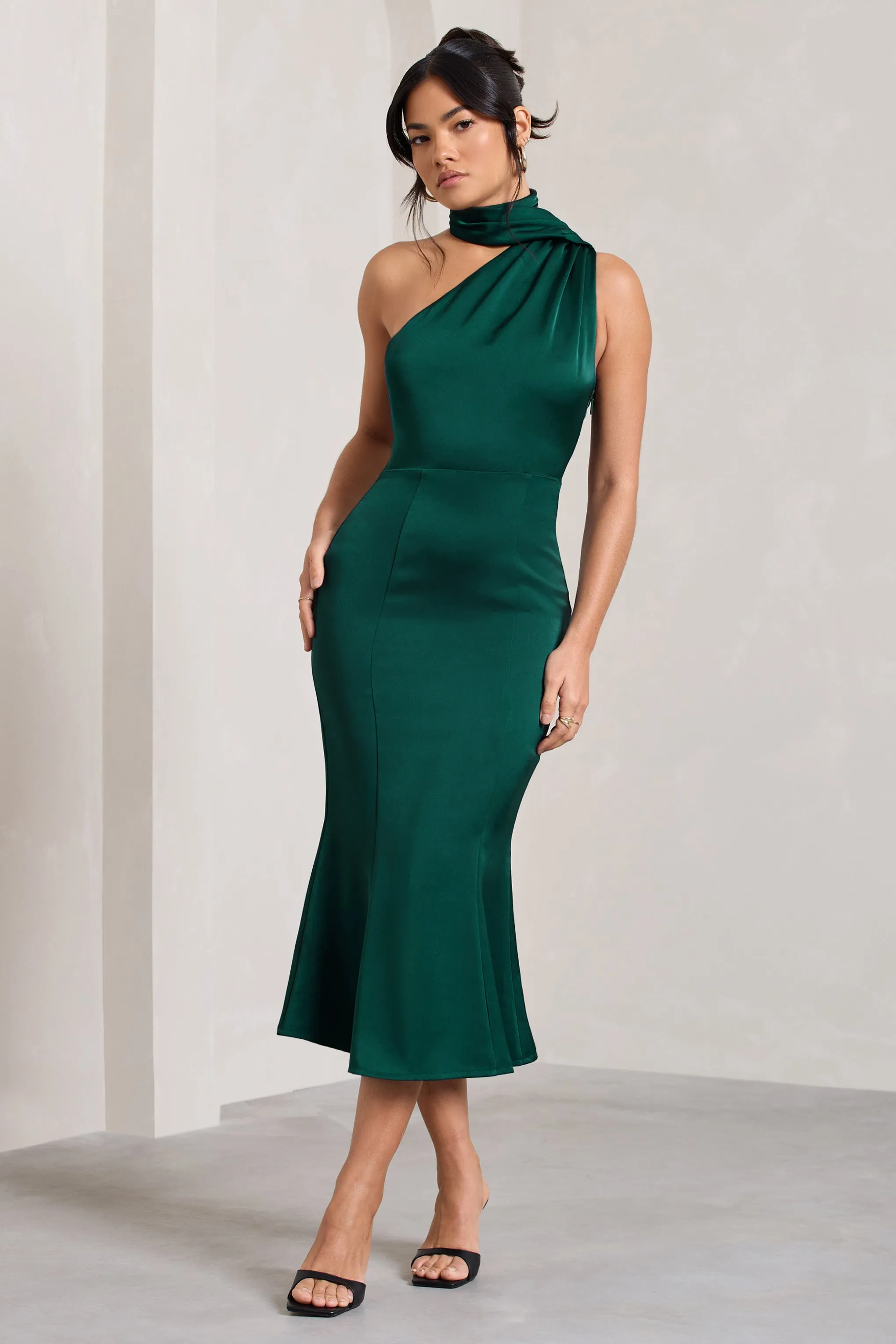 Satin Bottle Green One Shoulder Midi Dress for a Stylish Look