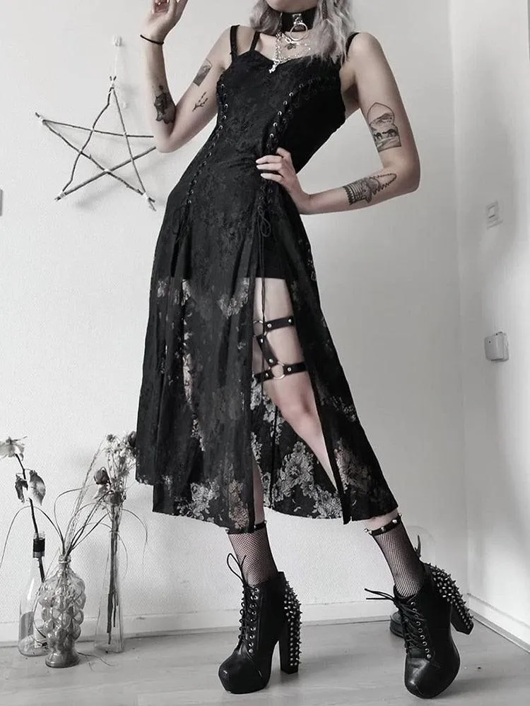 Goth Dark Lace Bandage Midi Dress