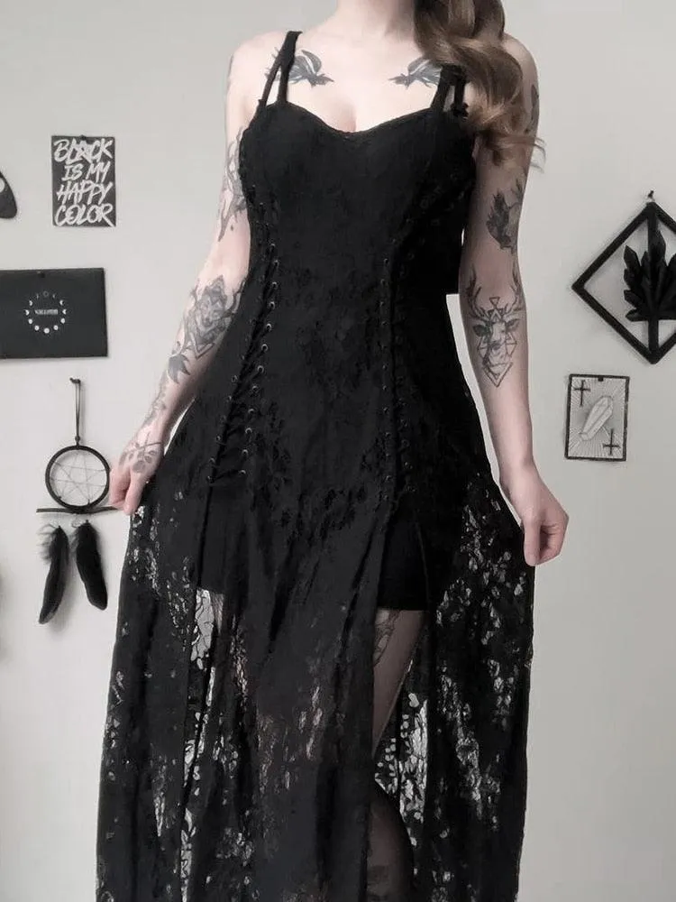 Goth Dark Lace Bandage Midi Dress