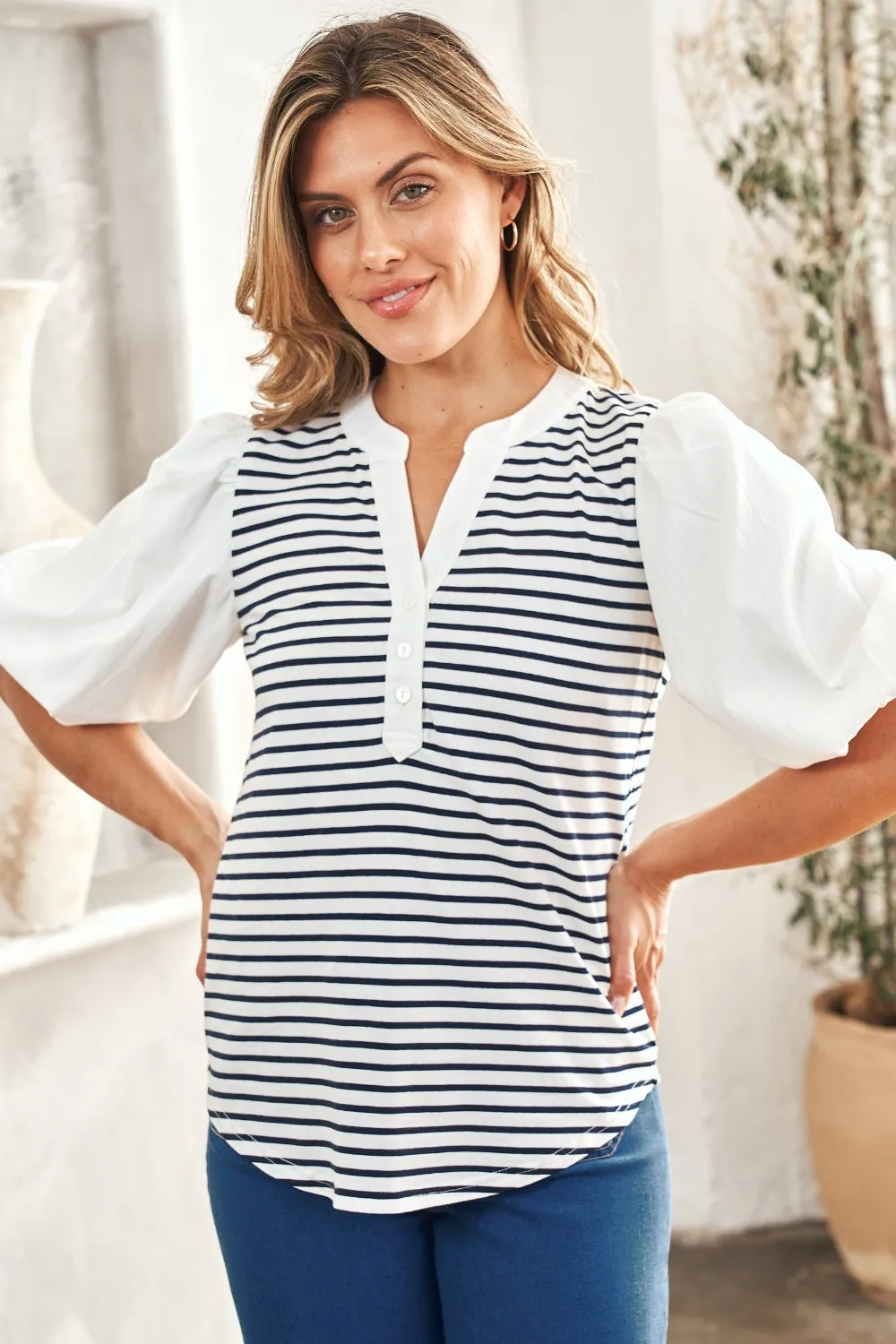 Striped Contrast Puff Sleeve Blouse