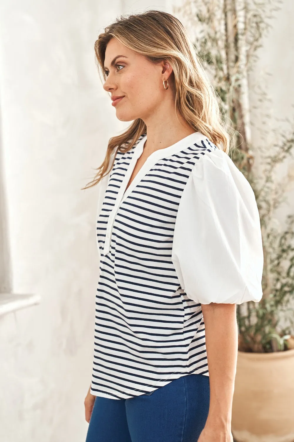 Striped Contrast Puff Sleeve Blouse