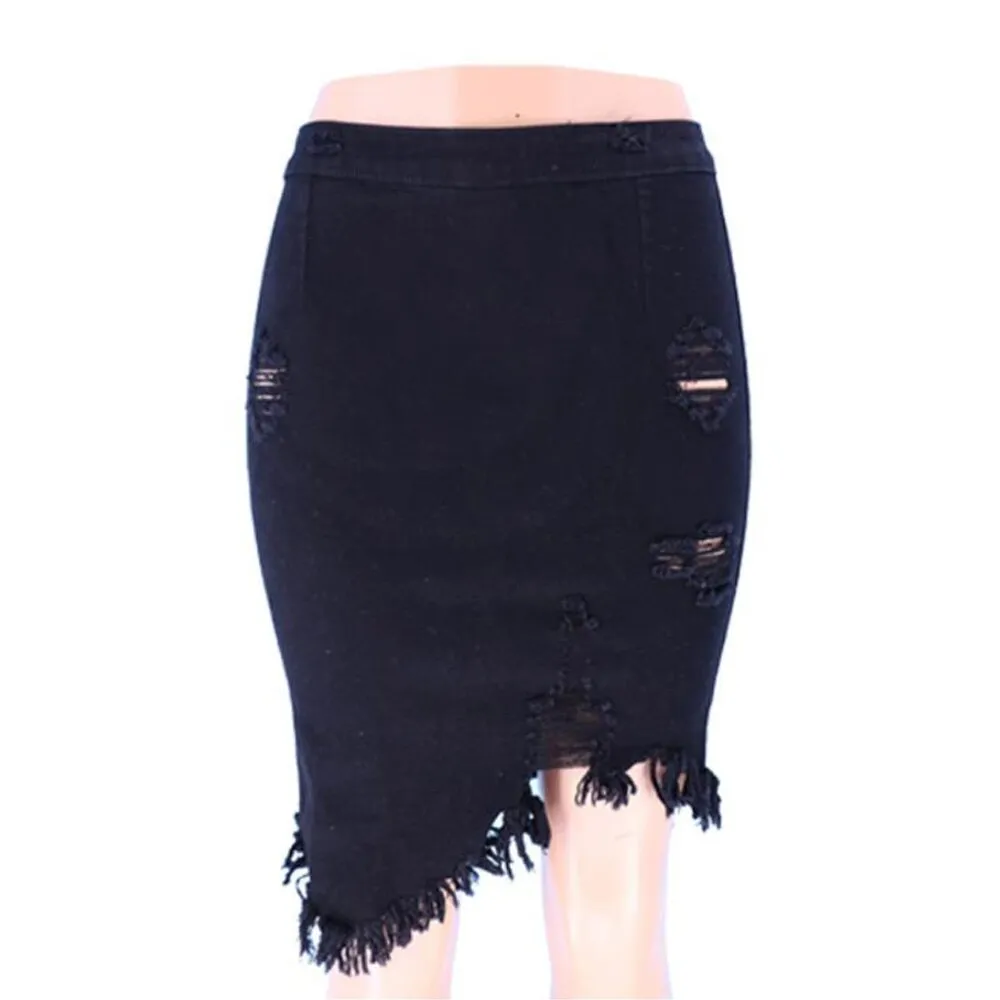 High Waist Stretchy Skinny Black White Tassel Jeans Pencil Skirts