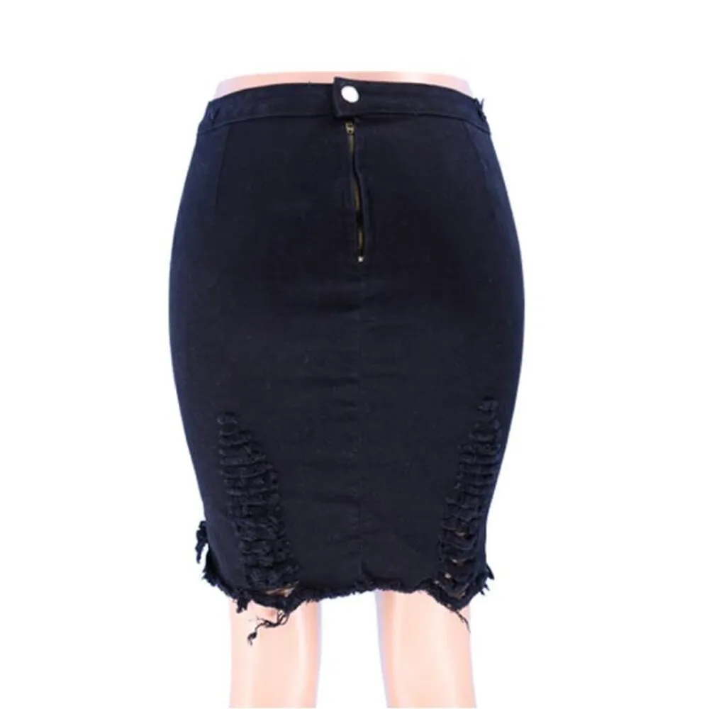 High Waist Stretchy Skinny Black White Tassel Jeans Pencil Skirts