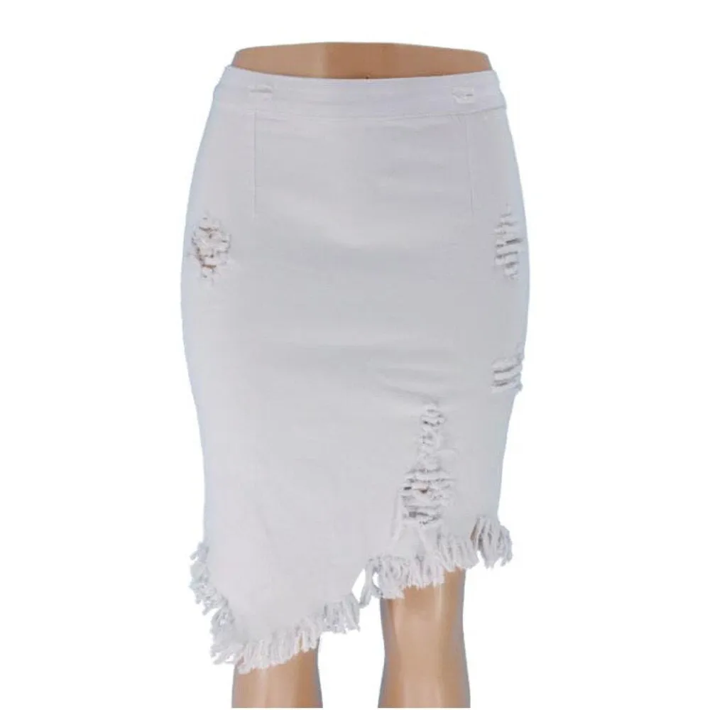 High Waist Stretchy Skinny Black White Tassel Jeans Pencil Skirts