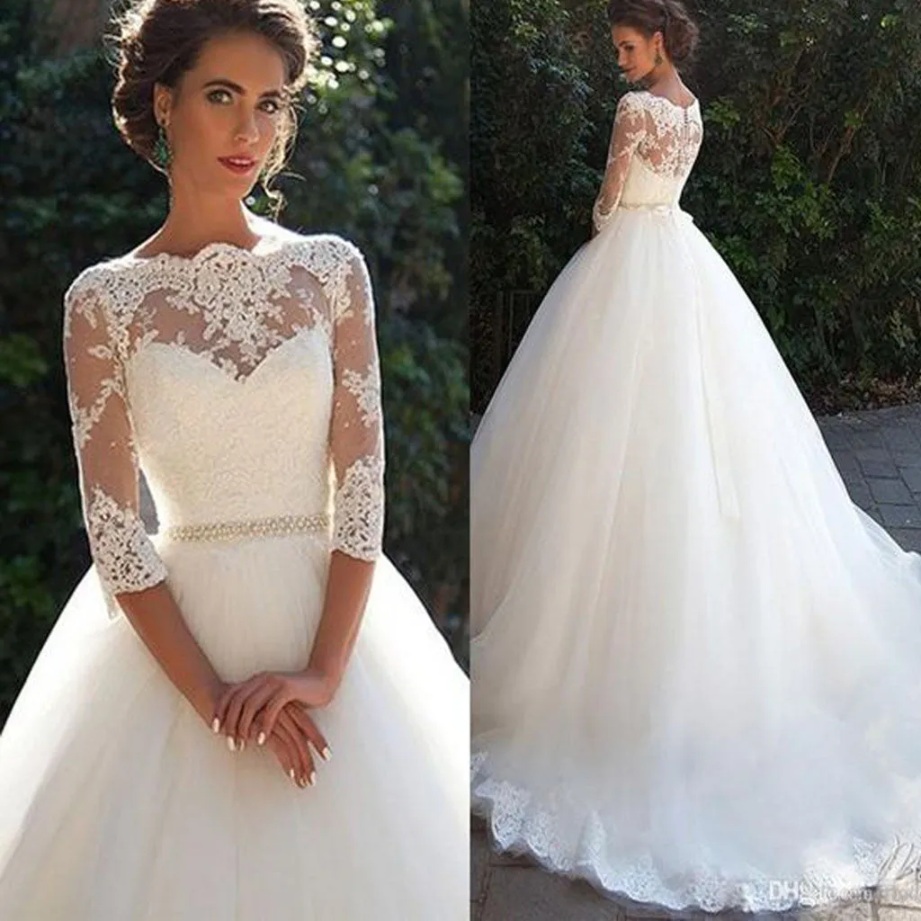 Illusion Sleeve Lace Ball Gown Wedding Dress