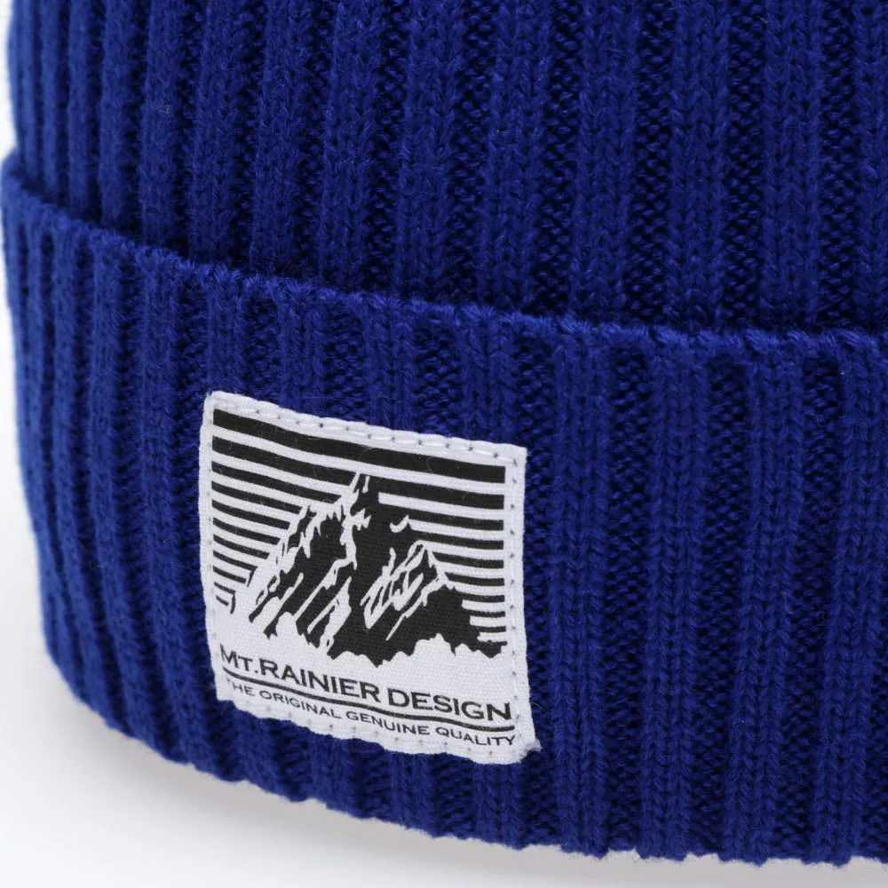 Mt. Rainier Design Knitted Ribbed Cuff Beanie in Cobalt