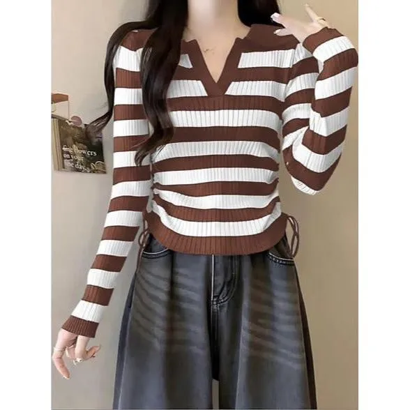 Knitted V-Neck Striped Top