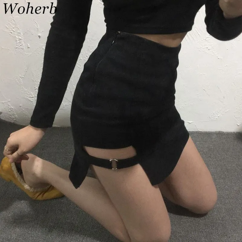 Korean Style Women's Pencil Skirt with Metal Buckle Detail