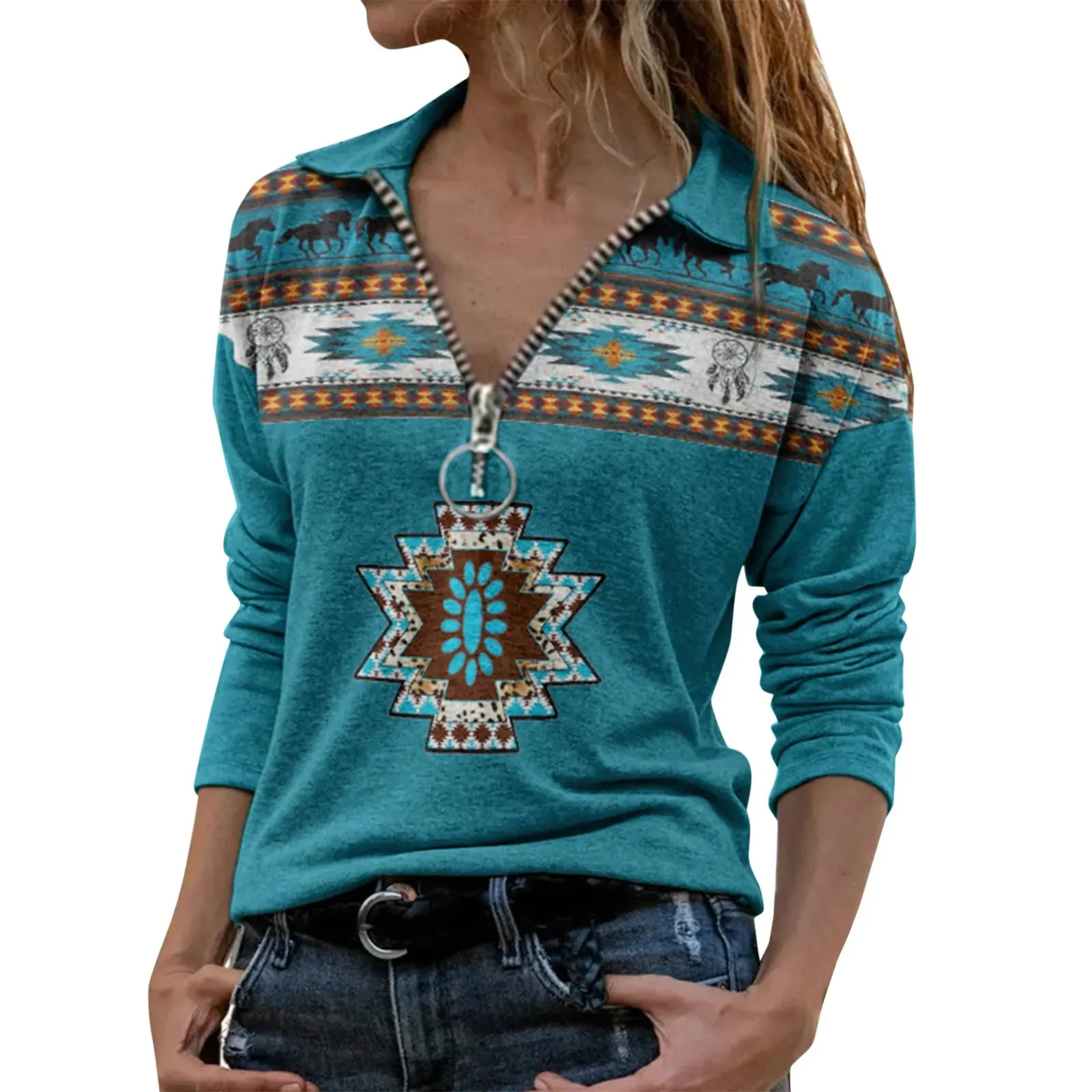 Autumn V-neck Southwest Print Long-sleeved Casual Pullover