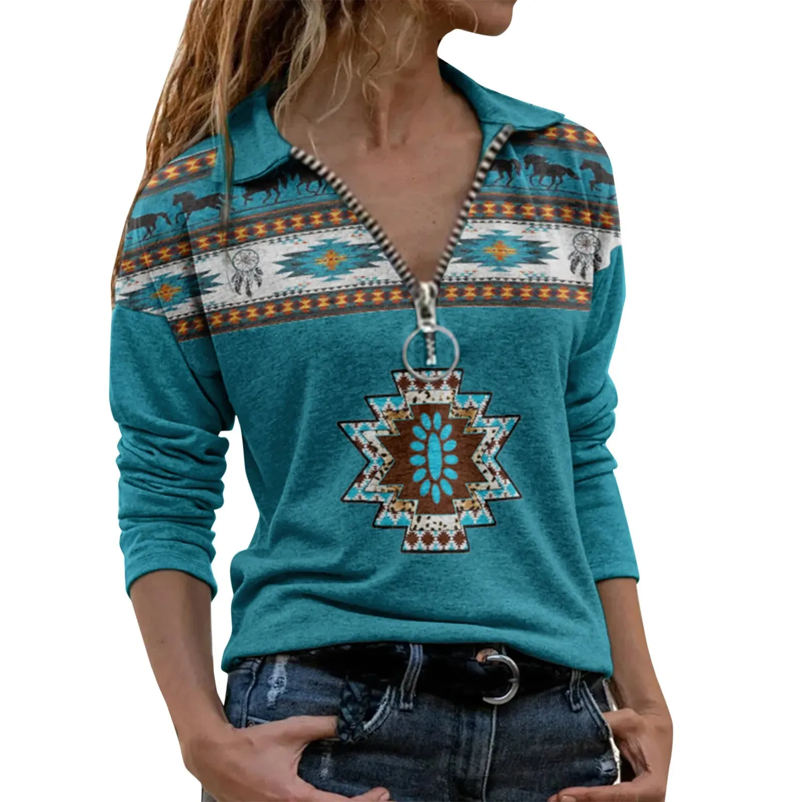 Autumn V-neck Southwest Print Long-sleeved Casual Pullover