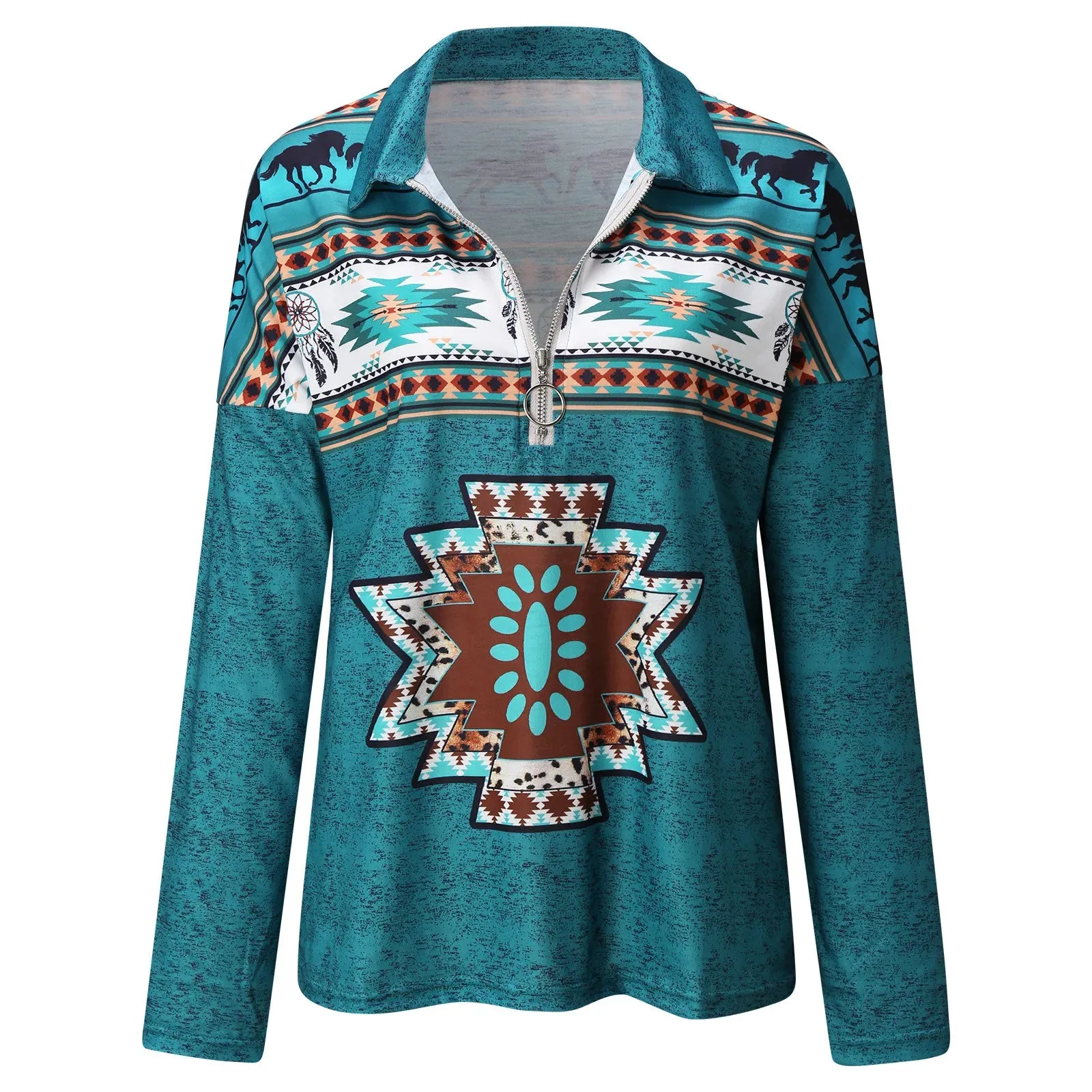 Autumn V-neck Southwest Print Long-sleeved Casual Pullover