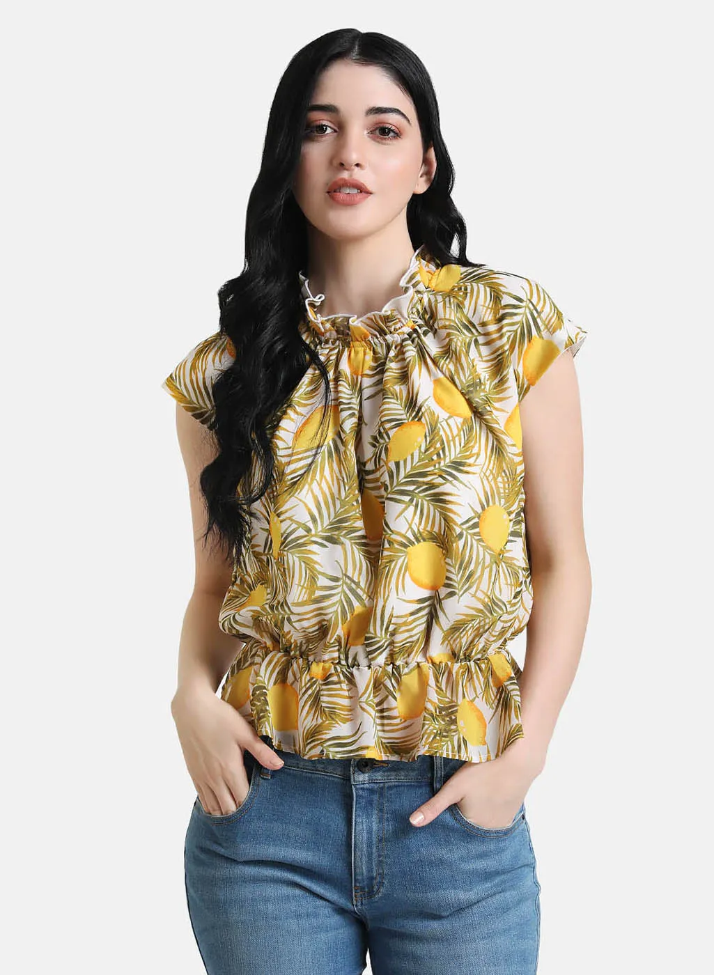 Stylish Lemon Patterned Ruffled Blouse