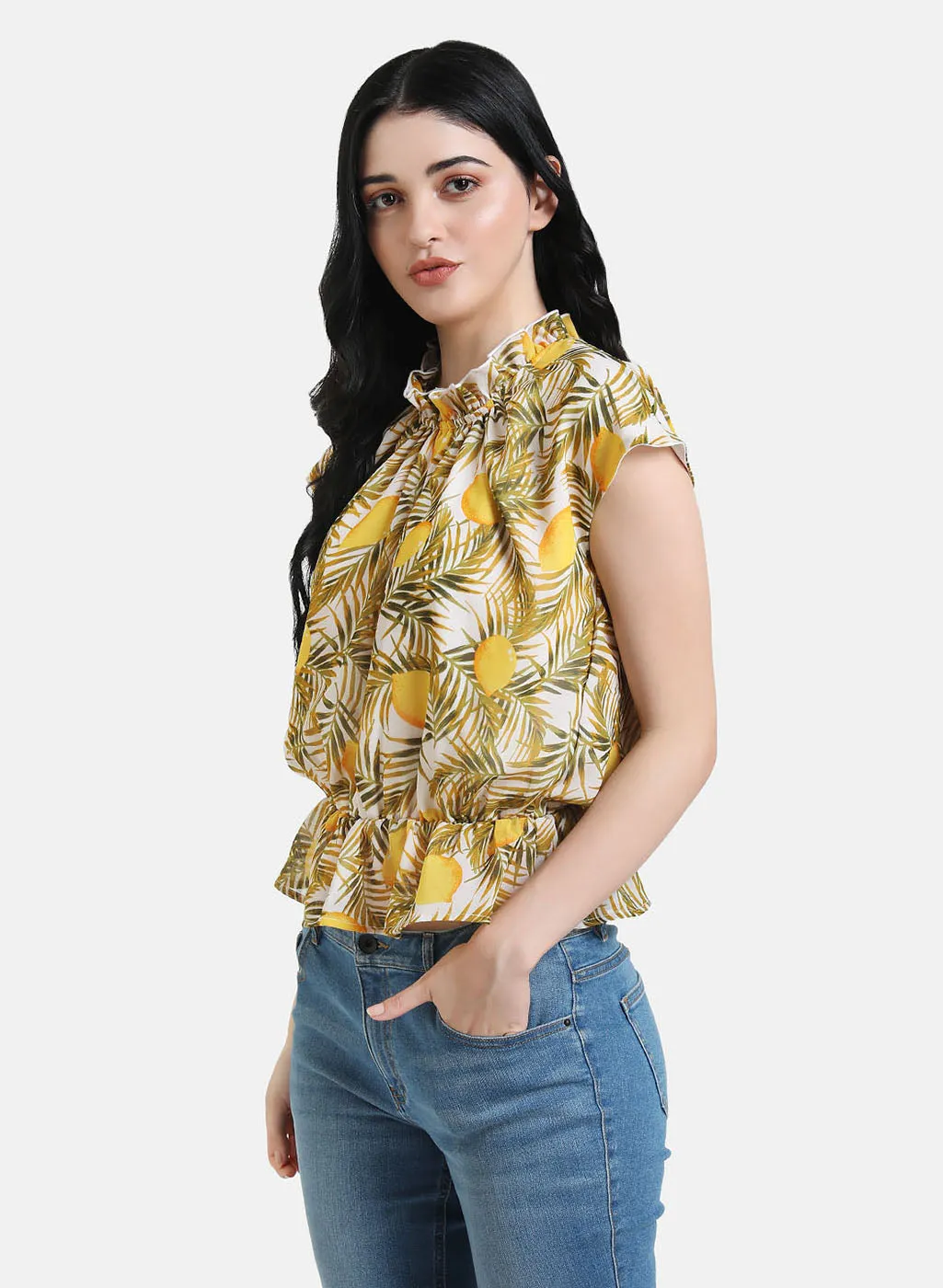 Stylish Lemon Patterned Ruffled Blouse