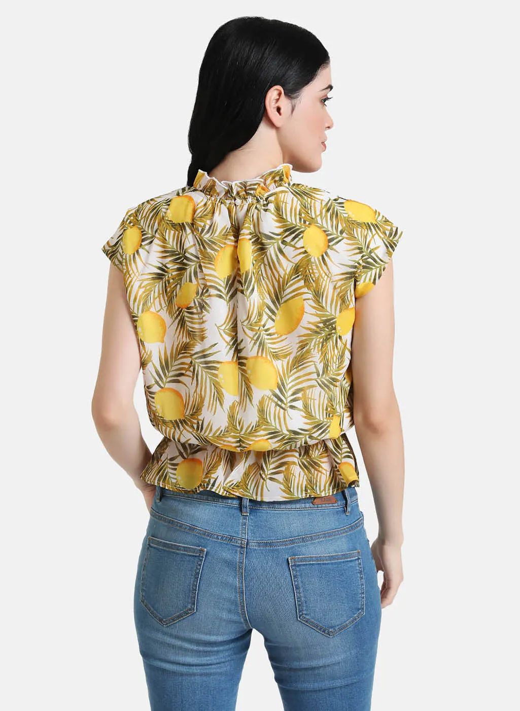 Stylish Lemon Patterned Ruffled Blouse