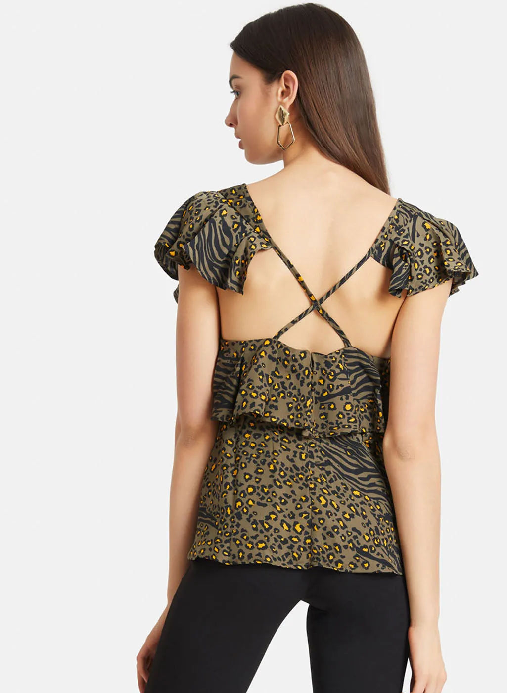 Leopard Print Cross Back Peplum Top