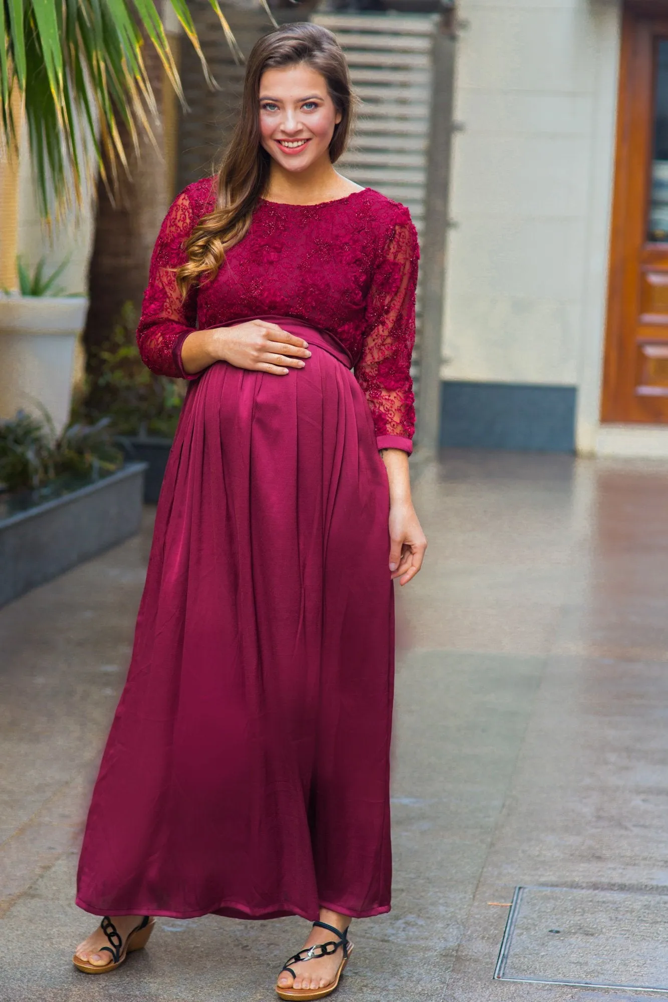 Luxe Elegant Berry Lace Maternity Dress