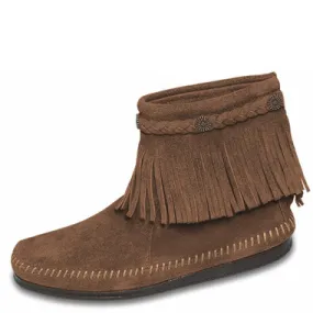 Minnetonka 297T HIGH TOP BACK-ZIP Taupe Fringe Moccasin Boots