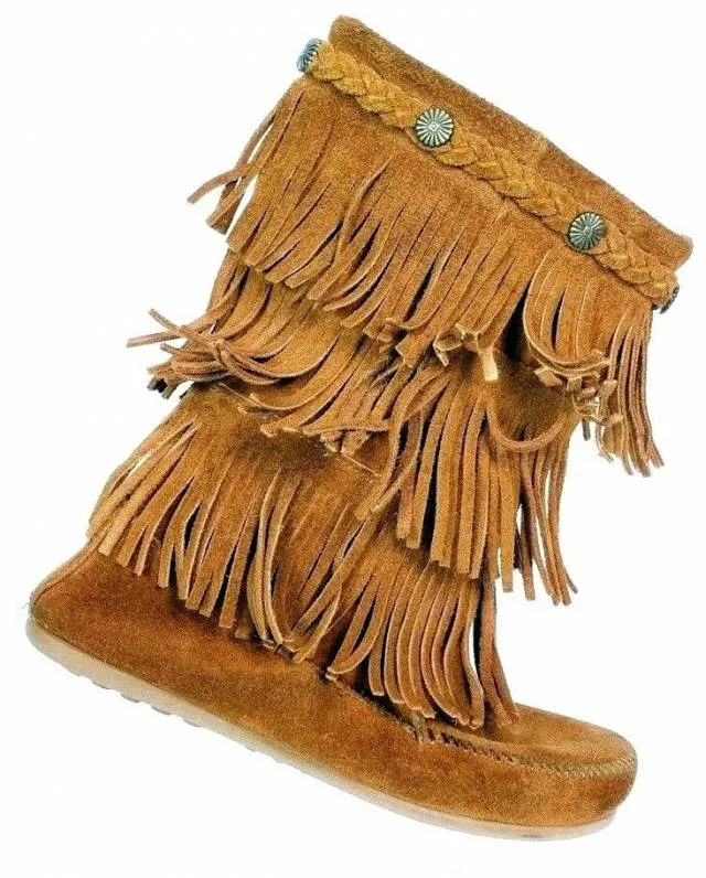 Minnetonka Women's 3 Layer Fringe Brown Suede Moccasin Boots Size 4