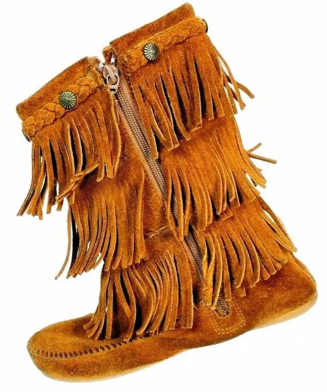 Minnetonka Women's 3 Layer Fringe Brown Suede Moccasin Boots Size 4