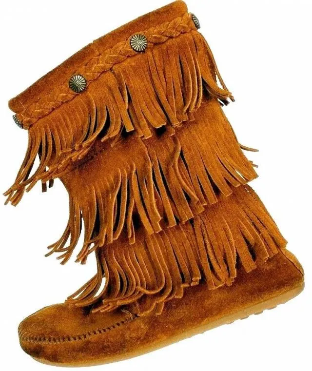 Minnetonka Women's 3 Layer Fringe Brown Suede Moccasin Boots Size 4