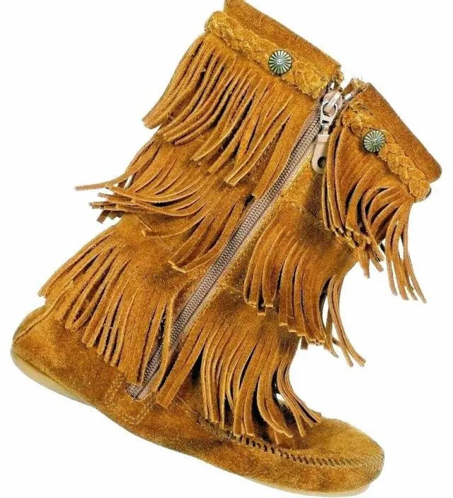 Minnetonka Women's 3 Layer Fringe Brown Suede Moccasin Boots Size 4