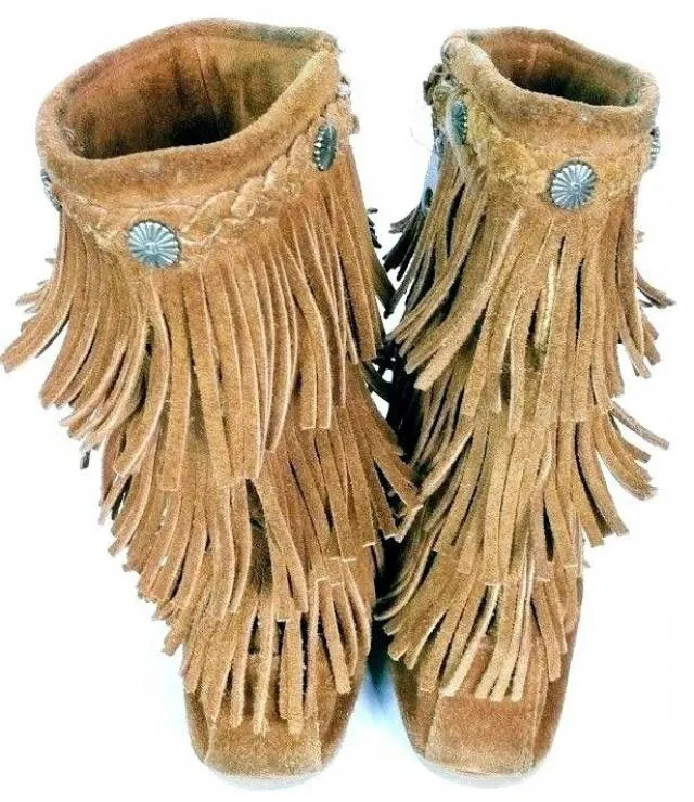 Minnetonka Women's 3 Layer Fringe Brown Suede Moccasin Boots Size 4