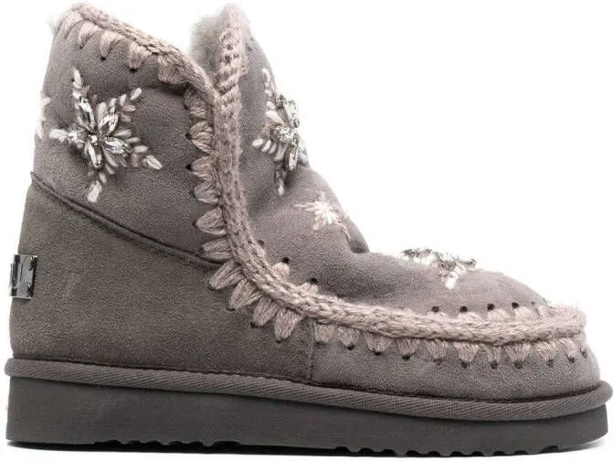 Mou Grey Moccasin Boots with Star Embroidery