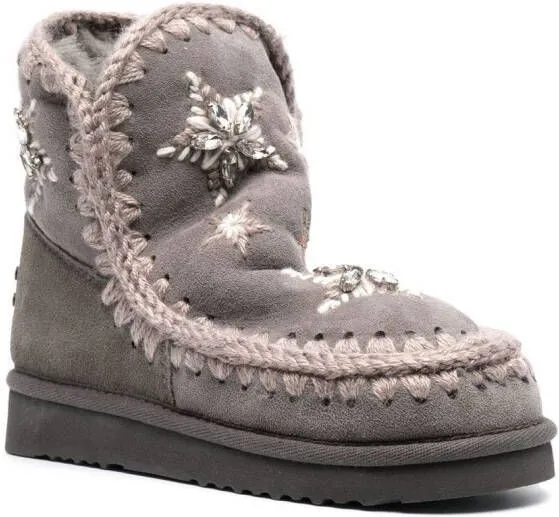 Mou Grey Moccasin Boots with Star Embroidery