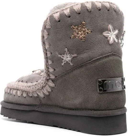 Mou Grey Moccasin Boots with Star Embroidery