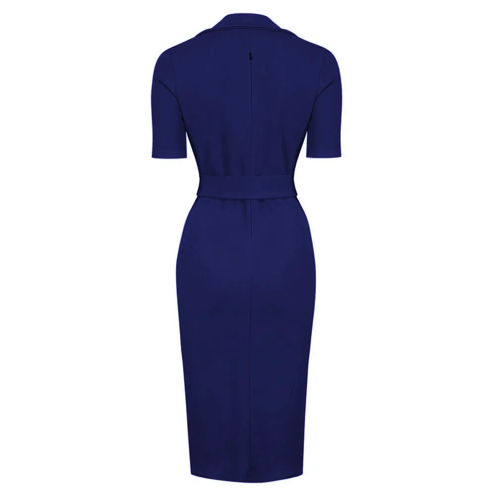 Navy Blue Belted Half Collared Wiggle Dress