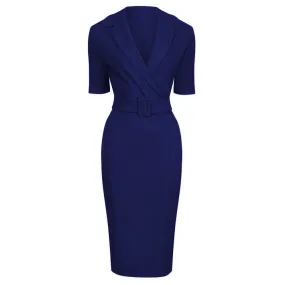 Navy Blue Belted Half Collared Wiggle Dress