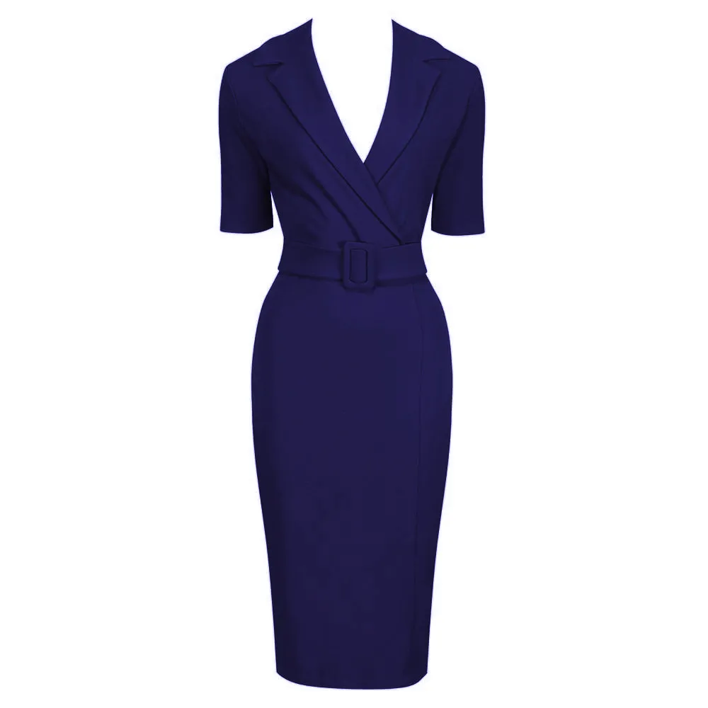 Navy Blue Belted Half Collared Wiggle Dress